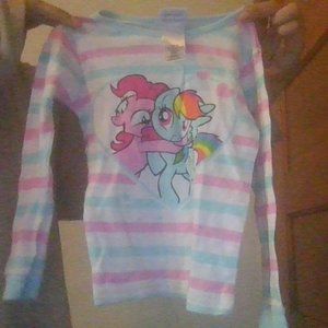 My little pony's Pinkie Pie and Rainbow Dash striped pajama shirt.